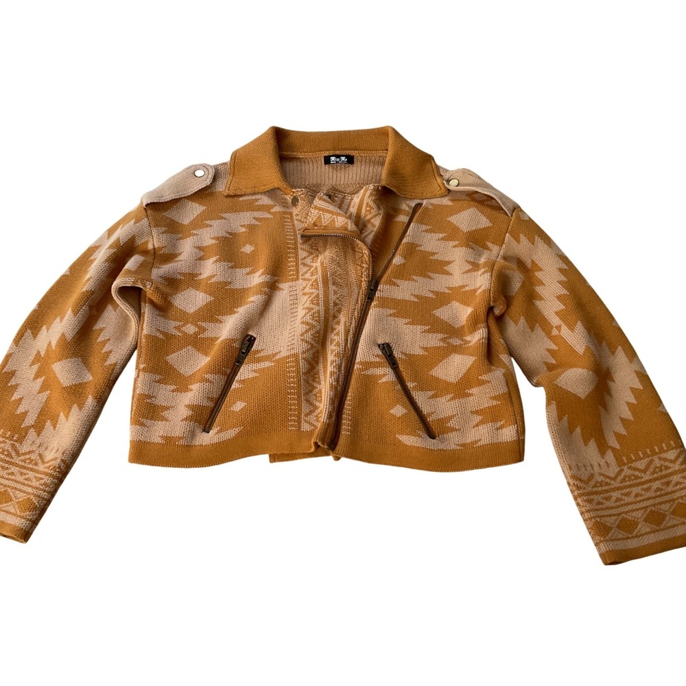Miss Me Southwestern Knit‎ Moto Jacket Mustard Yellow Geometric Cropped Medium